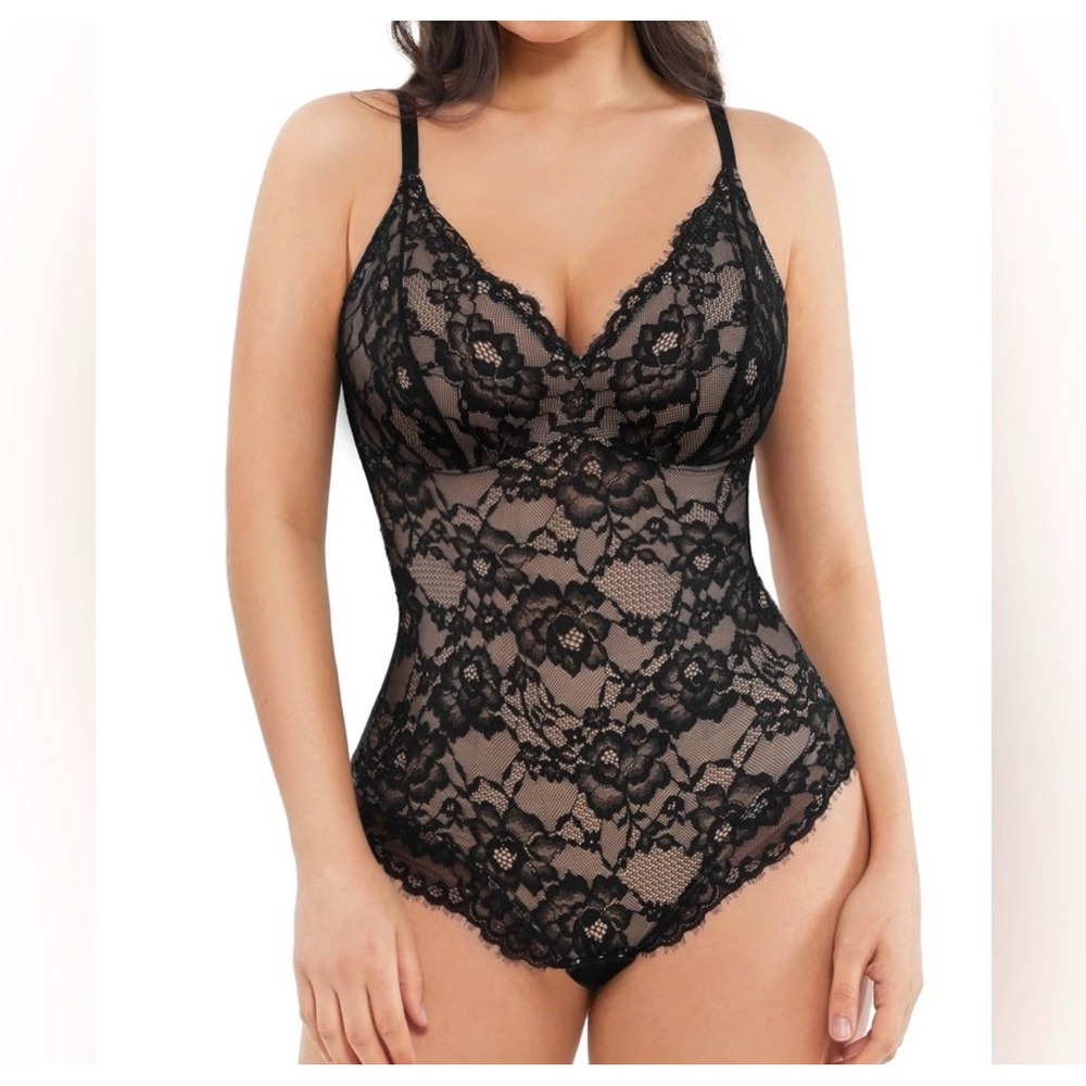 Popilush Lace V-Neck Tummy Control Shapewear Bodysuit Thong Black XL NWT